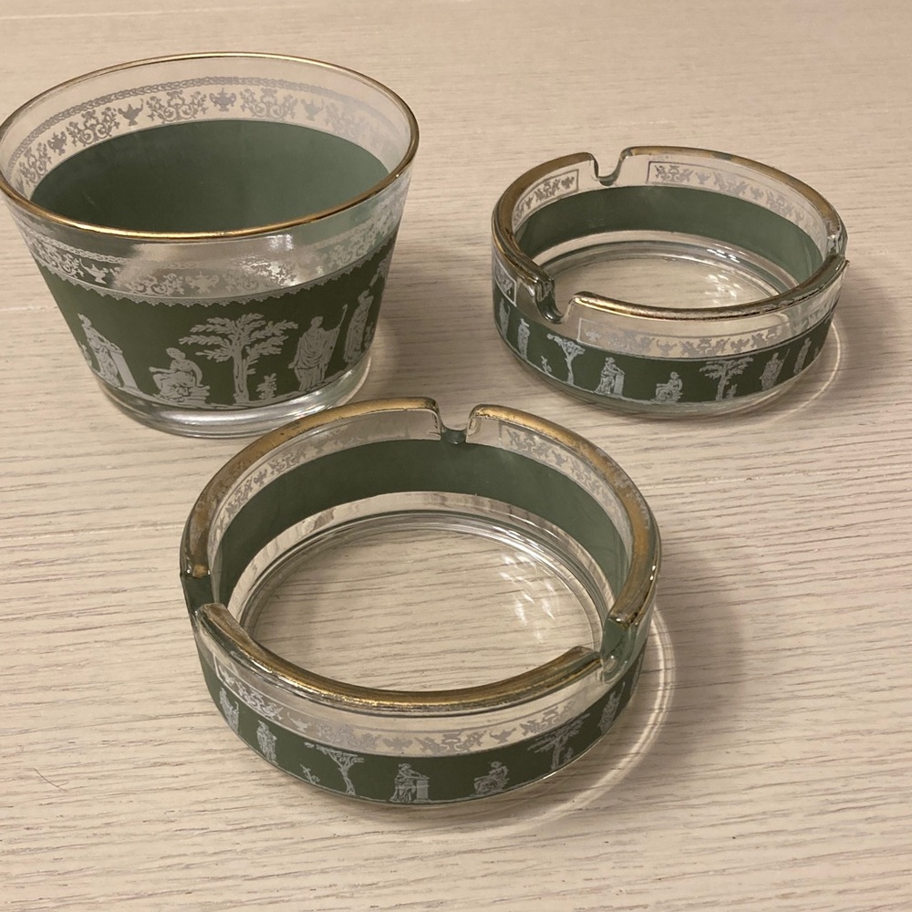 vintage set of Jeannette Hellenic Green glass ashtrays and a nappy bowl.